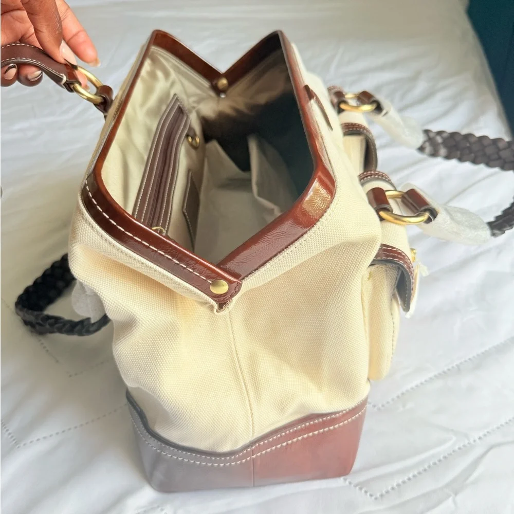 Coach Daphne Canvas & Leather Satchel – NWT Ivory & Mahogany | Braided Handles
